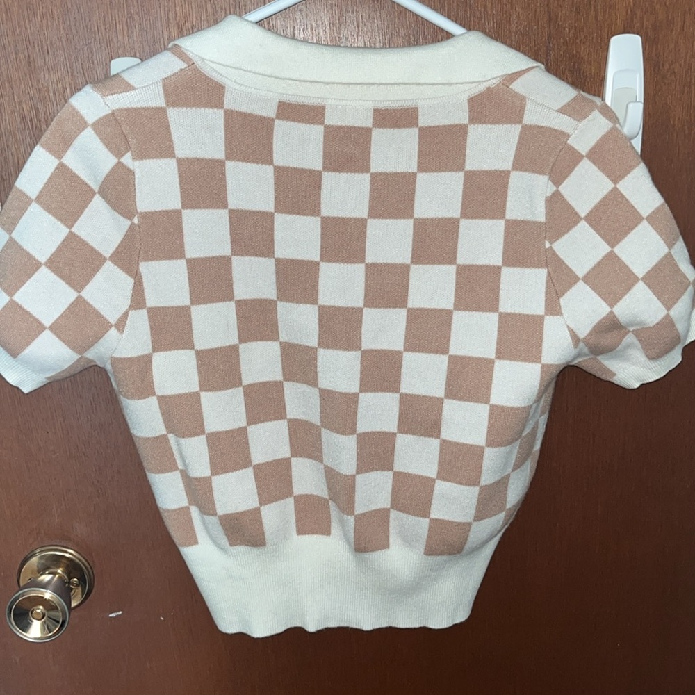 Cream and Tan Checkered Knit Polo Shirt - Picture 4 of 4